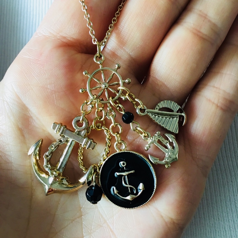 Black Enamel Anchor‎ Ship Charms Necklace Gold Tone